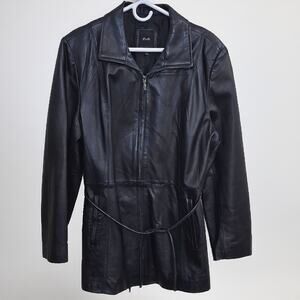 JLC New York Womens XL Black Leather Moto Jacket Zip Belted Classic Damaged Y2K